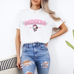 LA Kawaii Kitty Pink Baseball Inspired Crewneck Tshirt Los Angeles UNISEX Size