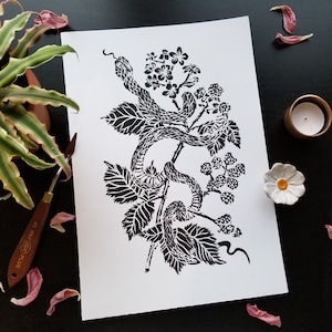 Snake Print ~ Blackberry Brambles ~ Original Art ~ Linocut Print ~ Hand Carved