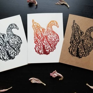 Paquets de cartes d'automne ~ Feuilles et courges ~ Art original ~ Impression de linogravure ~ Sculpté à la main