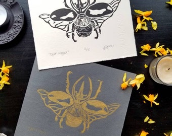 Open-winged Beetle Print ~ Original Art ~ Linocut Print ~ Hand Carved ~ Entomology