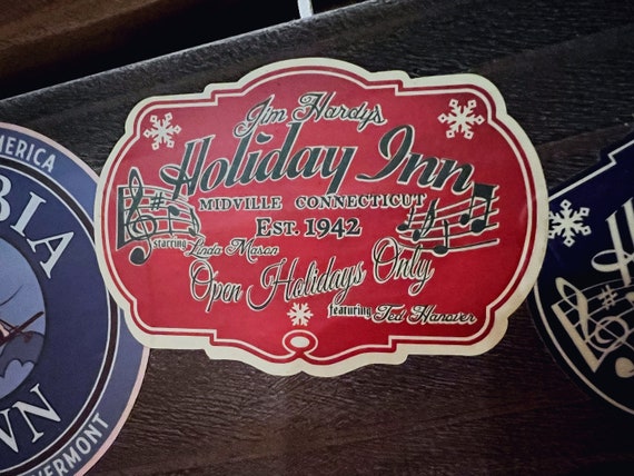 White Christmas - Holiday Inn - Bing Crosby - Fred Astaire - luggage label - sticker - vintage RED/GREEN/CREAM