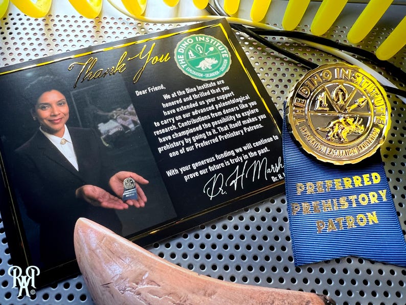 May include: A black framed thank you card with a woman's image, a gold medallion, and a blue ribbon that reads "Preferred Prehistory Patron." The Dino Institute logo is visible.
