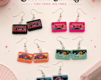 Retro Cassette Tape Dangle Earrings – 80s & 90s Aesthetic Statement Jewelry – Colorful Vintage Mixtape Earrings – Lightweight Nostalgic Gift