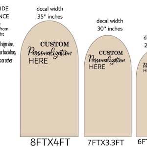 May include: Size guide for custom arch decals. Three different sizes are shown: 8 feet by 4 feet, 7 feet by 3.3 feet, and 6 feet by 2.6 feet. The decal width is 35 inches, 30 inches, and 20 inches respectively. The text "CUSTOM Personalization HERE" is displayed on each decal.