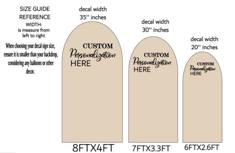 May include: Size guide for custom arch decals. Three different sizes are shown: 8 feet by 4 feet, 7 feet by 3.3 feet, and 6 feet by 2.6 feet. The decal width is 35 inches, 30 inches, and 20 inches respectively. The text "CUSTOM Personalization HERE" is displayed on each decal.