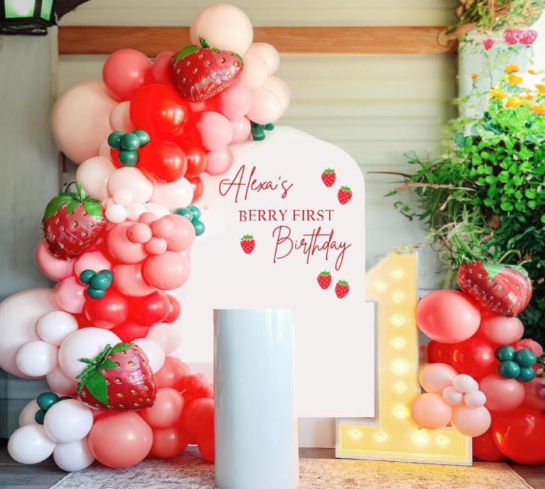 Berry First Birthday Personalized  Party Decal Iron On, First Birthday Strawberry Theme Decor, 1st Birthday Decal for Backdrop Balloon Arch