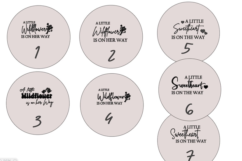 May include: Seven round, light gray, wooden discs with black text and a small floral design. The text on the discs reads "A little Wildflower is on her way" and "A little Sweetheart is on the way". Each disc is numbered 1 through 7.