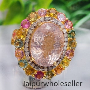 Multi Tourmaline Gemstone Silver Statement Ring 925 Sterling Silver Handmade Finish item Pave Diamond Jewelry Ring Anniversary Gift For Her