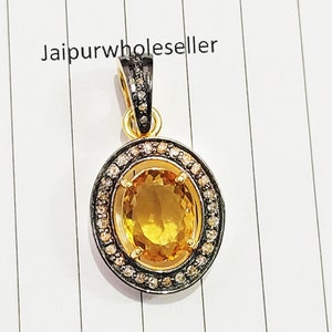 Gold Topaz 925 Sterling Silver Pendent: Rose Cut Pave Diamond Jewelry