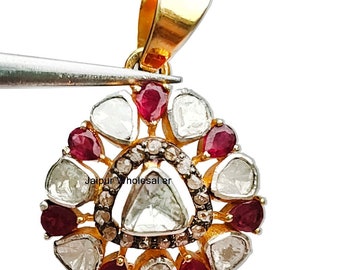 Collier Argent 925 Avec Rubis Naturel Et Diamants Polki - Style Antique Plaqué Or - 22 Pouces