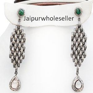 Green Emerald Uncut Polki Diamond Dangle Earring 925 Sterling Silver Handmade Design Diamond Dangle Drop Earring Anniversary Gift For Her