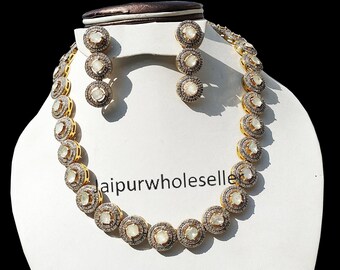 Handmade Polki Diamond 925 Sterling Silver Necklace Set: Victorian Jewelry