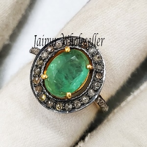 Green Emerald Gemstone Silver Engagement Ring 925 Sterling Silver Rose Cut Pave Diamond Ring Handmade Design Birthstone Ring Wedding Gift