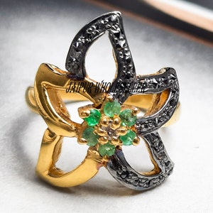 Emerald Diamond Star Ring: Handmade 925 Sterling Silver Pave Statement Ring