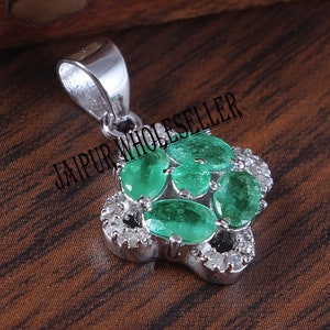 Emerald & Diamond Sterling Silver Pendant: Victorian Style Handmade Jewelry