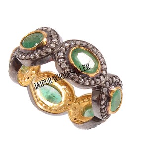 Sterling Silver Rose Cut Diamond & Emerald Ring: Handmade Desing Statement Jewelry Ring