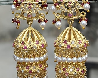 Pendientes Royal Jhumka, colgantes de rubí, diamante y perlas, pendientes llamativos de plata de ley 925.