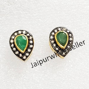 Boucle d'oreille en argent sterling 925 avec pierres précieuses vertes, design fait main, bijoux en diamants taillés en rose, boucle d'oreille, bijoux en pierres précieuses, cadeau d'anniversaire
