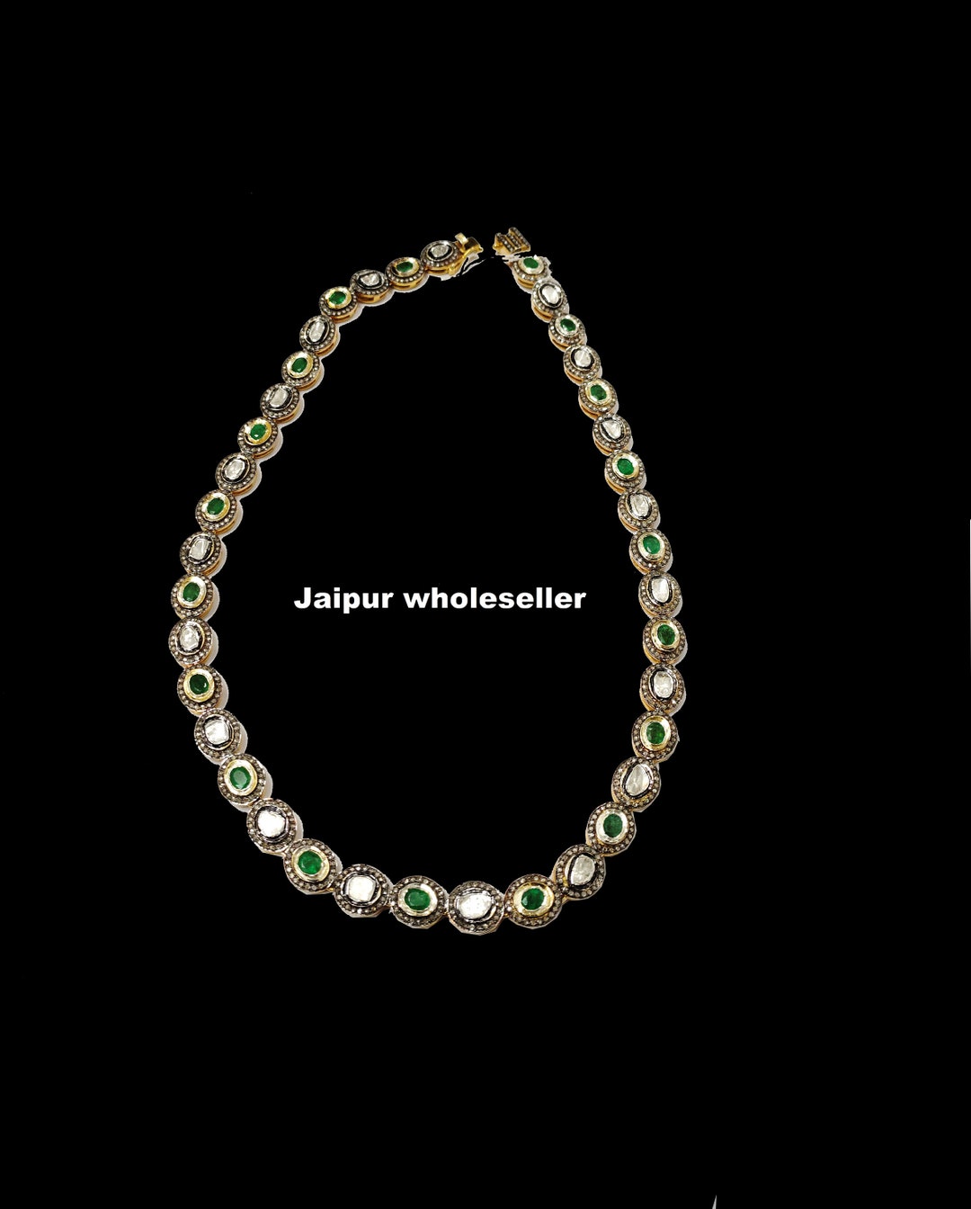 Collier En Argent 925 Avec émeraude Naturelle Et Diamants Polki - Fait Main, Style Antique Pour Femme