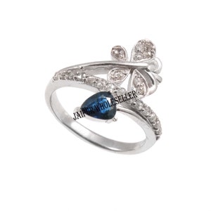Blue Sapphire Pear Cut Halo Engagement Ring 925 Sterling Silver Handmade Design Pave Diamond Jewelry Silver Ring Women&#39;s Wedding Gift For