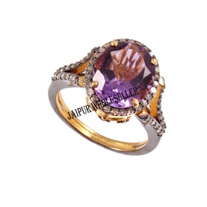 Amethyst And Diamond Ring 925 Sterling Silver Handmade Design Ring Wedding Jewelry Rose Cut Diamond Ring Statement Ring Gift For Her