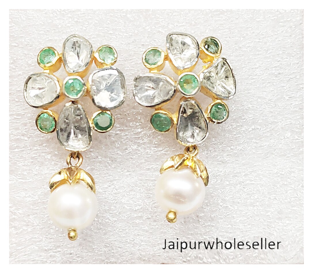 Diamond Polki Green Emerald and Peral Earring 925 Sterling - Etsy