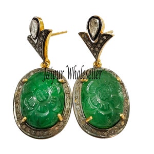 Emerald Gemstone And Uncut Polki Diamond Silver Earring 925 Sterling Silver Handmade Design Rose Cut Diamond Jewelry Earring Gift For Her
