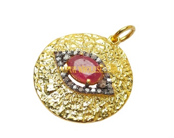 Natural Ruby And Diamond Pendant Jewelry , 925 Sterling Silver Pendant Jewelry , Fine Diamond Jewelry, Gold Rhodium Disc pendent Mother's da