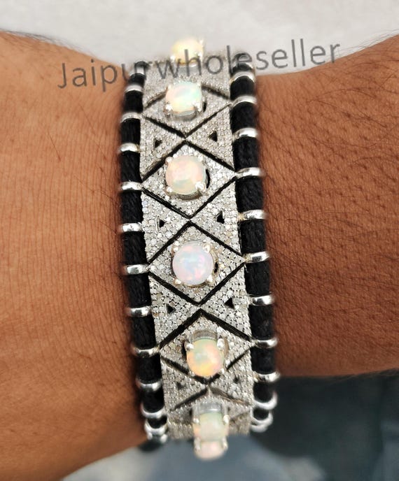 天然オパールとダイヤモンドの925スターリングシルバーブレスレット 
