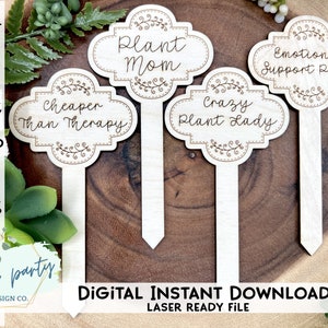 DIGITAL File 4 Designs Funny Plant Stakes Laser File - SVG File svg Digital Download Laser Cutting Machine File - Garden Markers - Set 1