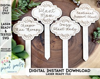 DIGITAL File 4 Designs Funny Plant Stakes Laser File - SVG File svg Digital Download Laser Cutting Machine File - Garden Markers - Set 1