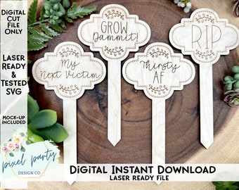 DIGITAL fil 4 designer roliga växtpålar laserfil - SVG-fil svg digital nedladdning laserskärmaskinfil - trädgårdsmarkörer - set 3