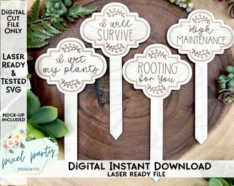 DIGITAL fil 4 designer roliga växtpålar laserfil - SVG-fil svg digital nedladdning laserskärmaskinfil - trädgårdsmarkörer - set 5