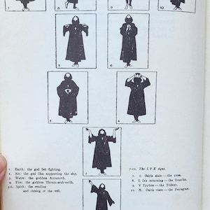 May include: A page from a book featuring black and white illustrations of cloaked figures in various poses, each within a frame. Accompanying text provides descriptions of the figures and their symbolism.