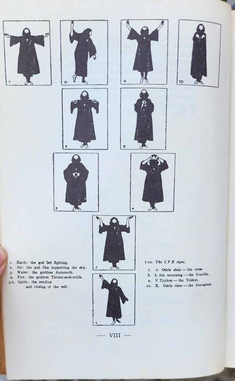 May include: A page from a book featuring black and white illustrations of cloaked figures in various poses, each within a frame. Accompanying text provides descriptions of the figures and their symbolism.