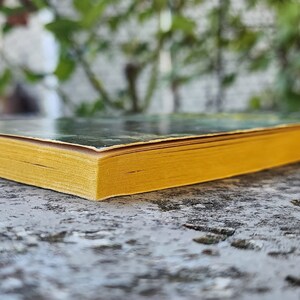 May include: A book with yellow-edged pages. The cover of the book is visible, with a dark image. The book rests on a textured, grey surface, with a blurred green background.