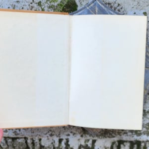 May include: An open vintage book with cream-coloured pages. The spine and edges of the book are a warm tan colour. The book is open, revealing the blank pages, suggesting a journal or notebook. The background is a textured surface.