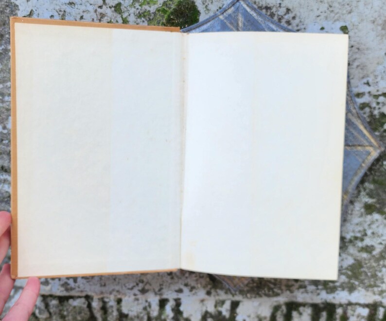 May include: An open vintage book with cream-coloured pages. The spine and edges of the book are a warm tan colour. The book is open, revealing the blank pages, suggesting a journal or notebook. The background is a textured surface.