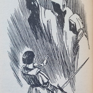 May include: A monochrome illustration showing a figure with a sword confronting three hooded figures. The image uses cross-hatching to create shadows and depth, implying a scene of conflict. The style is reminiscent of classic fantasy art, with a dramatic, shadowy atmosphere.