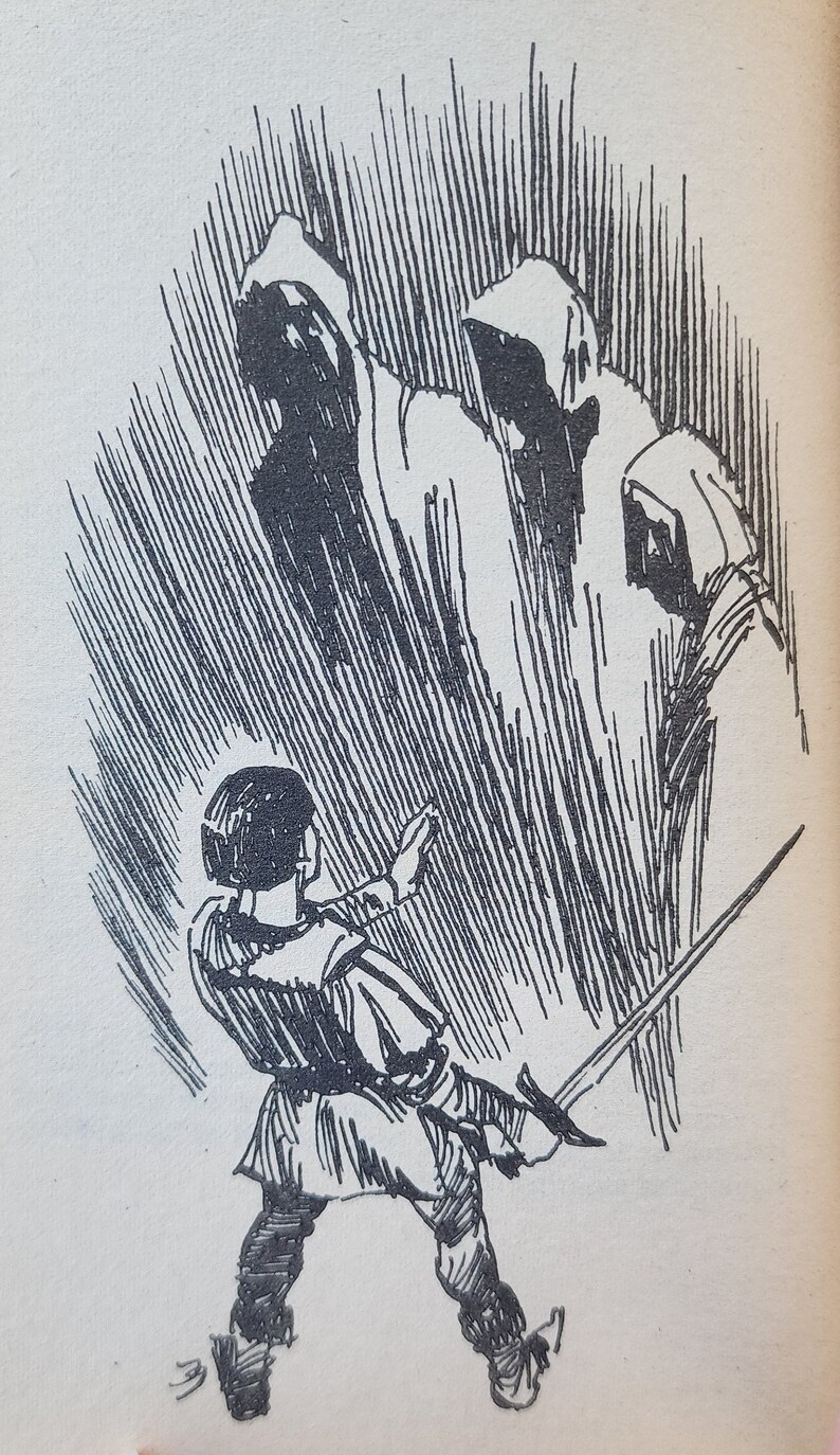 May include: A monochrome illustration showing a figure with a sword confronting three hooded figures. The image uses cross-hatching to create shadows and depth, implying a scene of conflict. The style is reminiscent of classic fantasy art, with a dramatic, shadowy atmosphere.