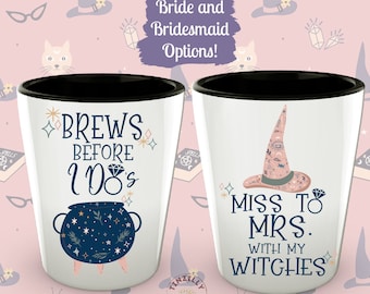 Halloween Witchy Bachelorette Party Shot Glasses, Brews Before I Do's, Miss to Mrs With My Witches