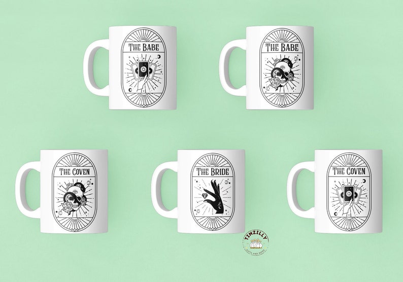 May include: Set of six white ceramic mugs with black and white illustrations. The mugs feature different designs with the text "The Babe", "The Coven", and "The Bride".