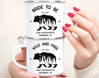 Camp Bachelorette Party Camp Mugs, Custom Camping Bridal Party, Bride to Be, Wild and Free, Hiking, Cabin Bach, Mountain Wedding Favors