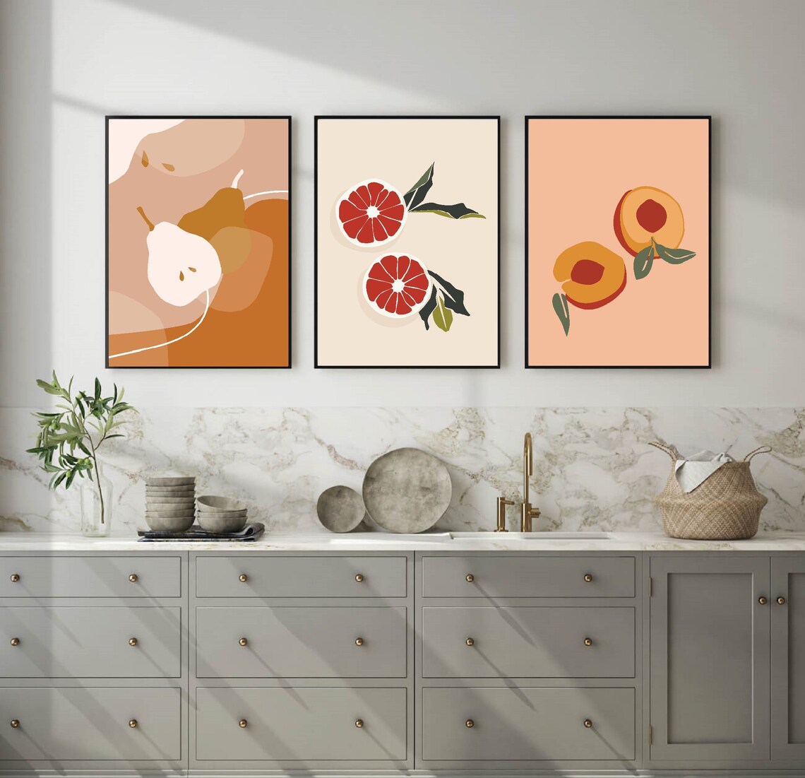 Boho Abstract fruit wall art set of 3 prints Kitchen wall Etsy