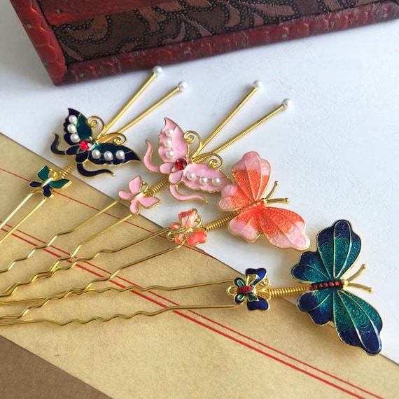 Vintage cloisonné deep red butterfly hairpin accessory Vintage butterfly hair barrettes - Gem main image 3