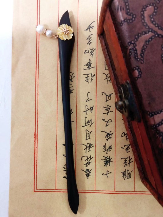 Vintage Yellow Flower Pearl Hair Stick: Handmade Wooden  display picture 1