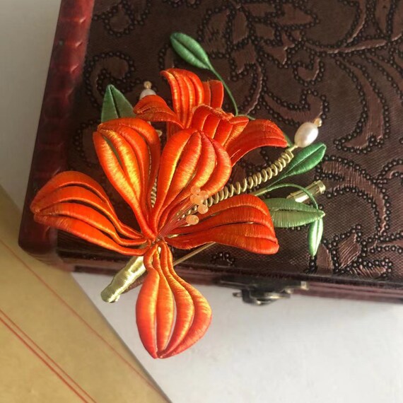 Mulberry Silk Winding brooch hair Pin clip orange Flowers wire Wrapped traditional Jewelry cultural Features intangible Cultural Heritage Etsy