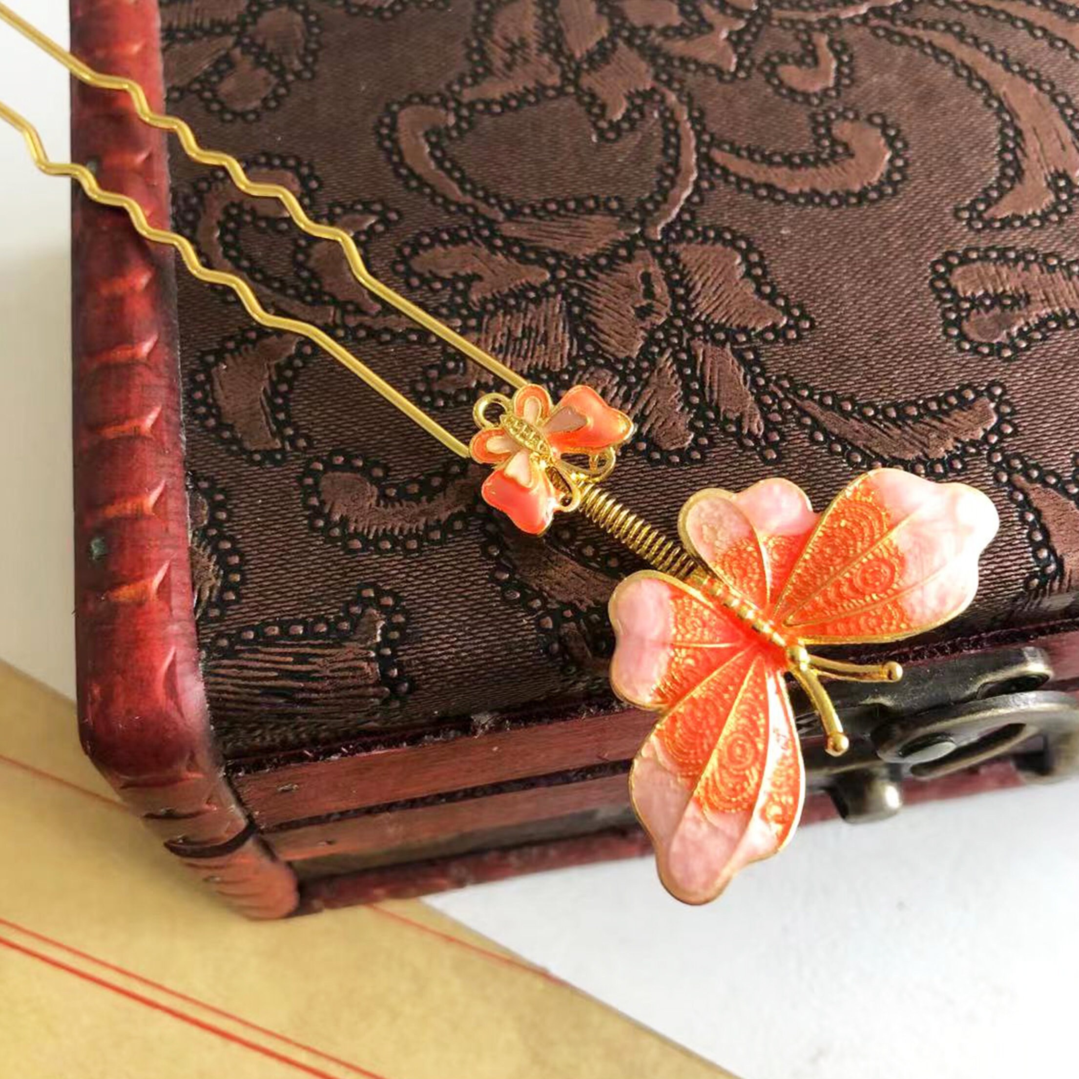 Vintage cloisonné deep red butterfly hairpin accessory il_fullxfull.6036501379_acll.jpg main image 3