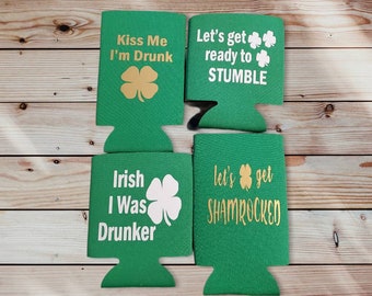 St. Patrick&#39;s Day Funny Slim and Beer Can Cozies. Shamrock Slim Cozie. Clover Green Slim Cozie. St. Patrick&#39;s Day Irsih Party Gift Favor.