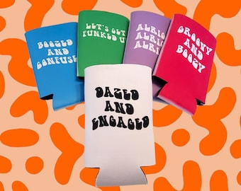 Retro Bachelorette Slim Party Cozies, Groovy and Boozy, Dazed and Engaged, Dazed and Confused, Let's Get Funked Up, Bride to Be Party Cozies